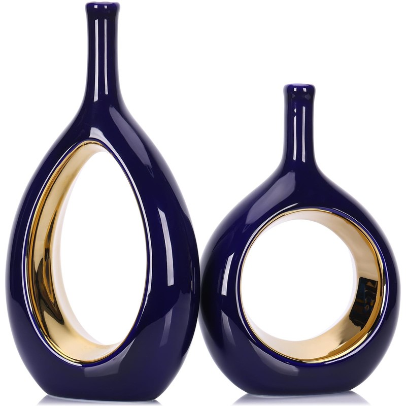 Blue and Gold Vase Ceramic Blue Vases Home Decor,Modern Minimalist Circle