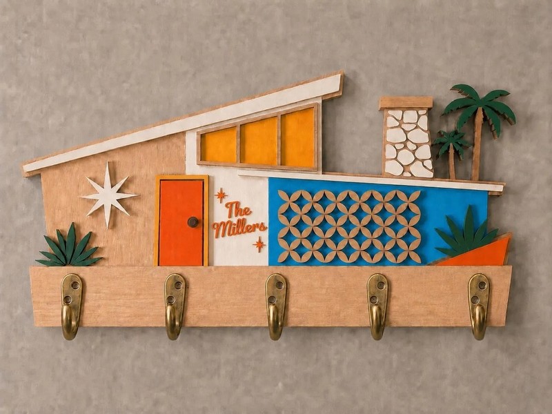Mid Century Modern Key Holder- Wall Coat Rack- Retro House- 5 Hooks -MCM Decor gallery