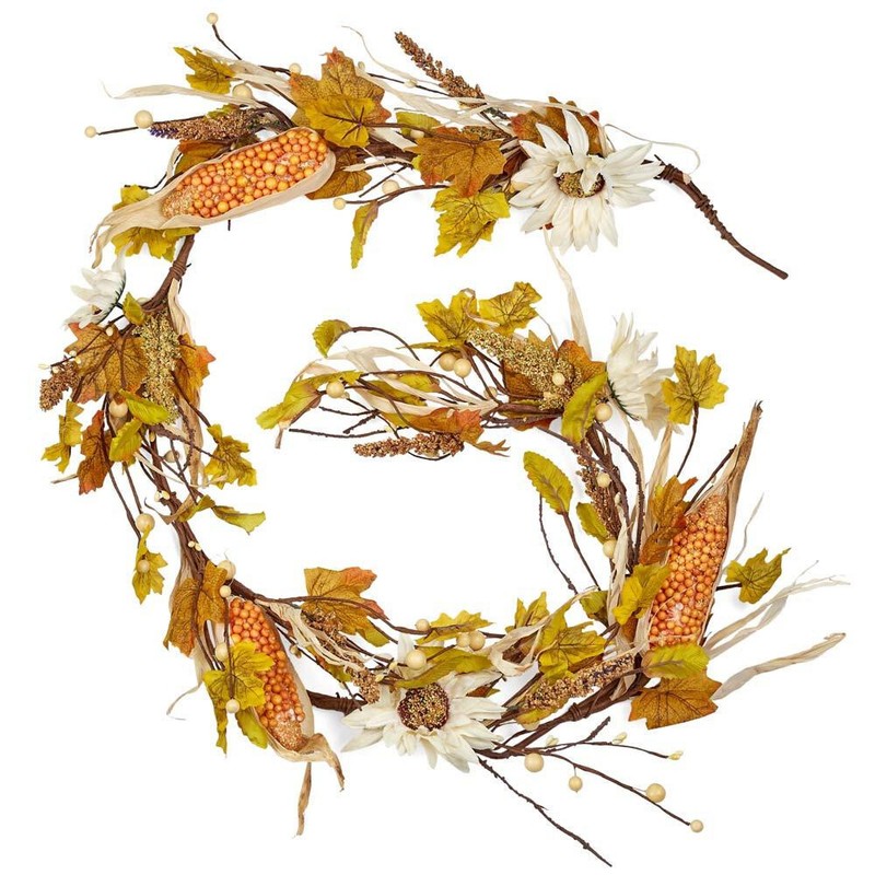 60" Artificial Autumn White Sunflower and Corn Garland gallery