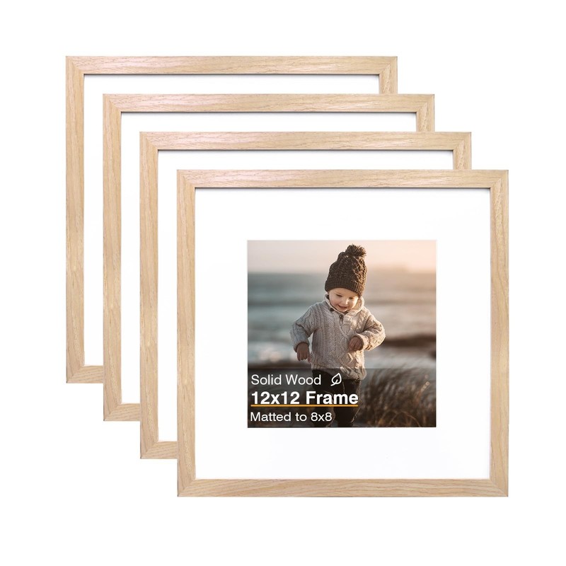 12×12 Picture Frames, 4 Pack Natural Solid Wood Square Frames for Art, 8×8 Ma…