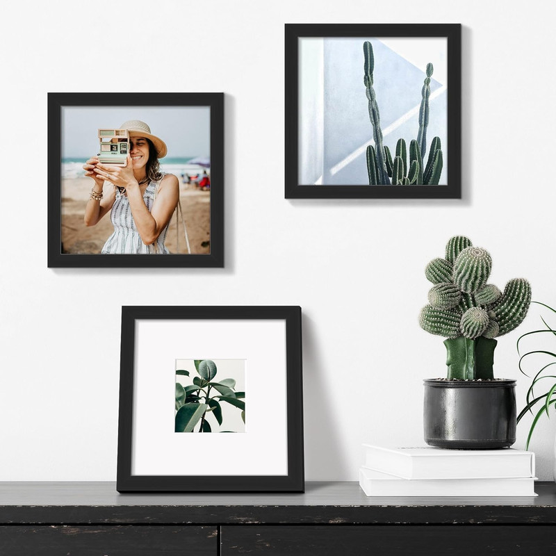 8X8 Picture Frame: Display 4X4 with Mat or 8X8 without Mat, Wall Hanging, Black gallery