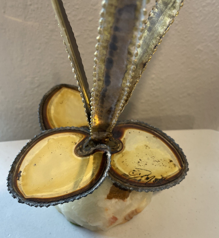 Vintage Brass & Copper Cattails & Lily Pad Sculpture Stone Base Signed 13" Tall gallery