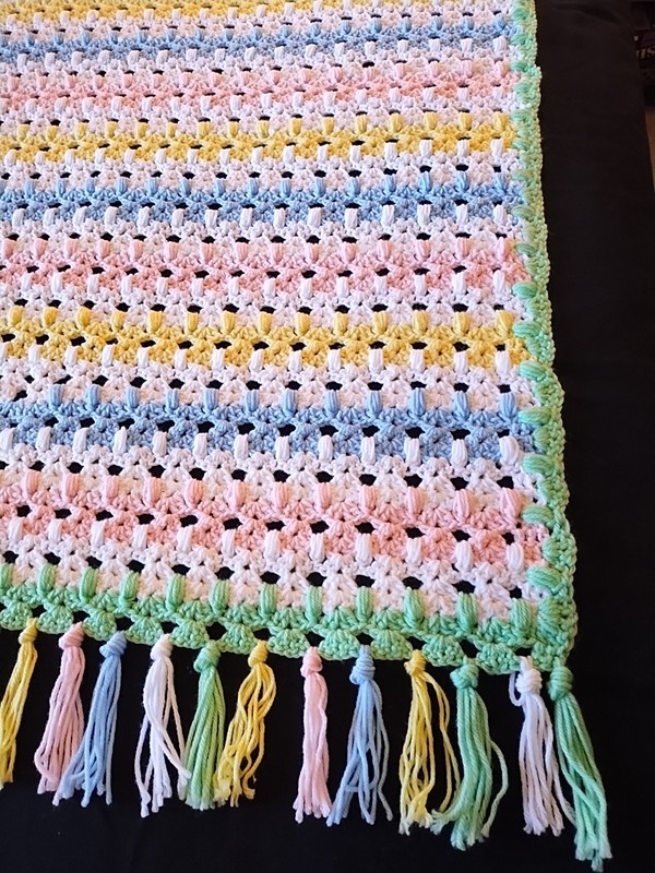 Hand Crochet Lap Throw Baby Blanket Pastel Pink Blue Yellow 48″ + 4″ Fringe