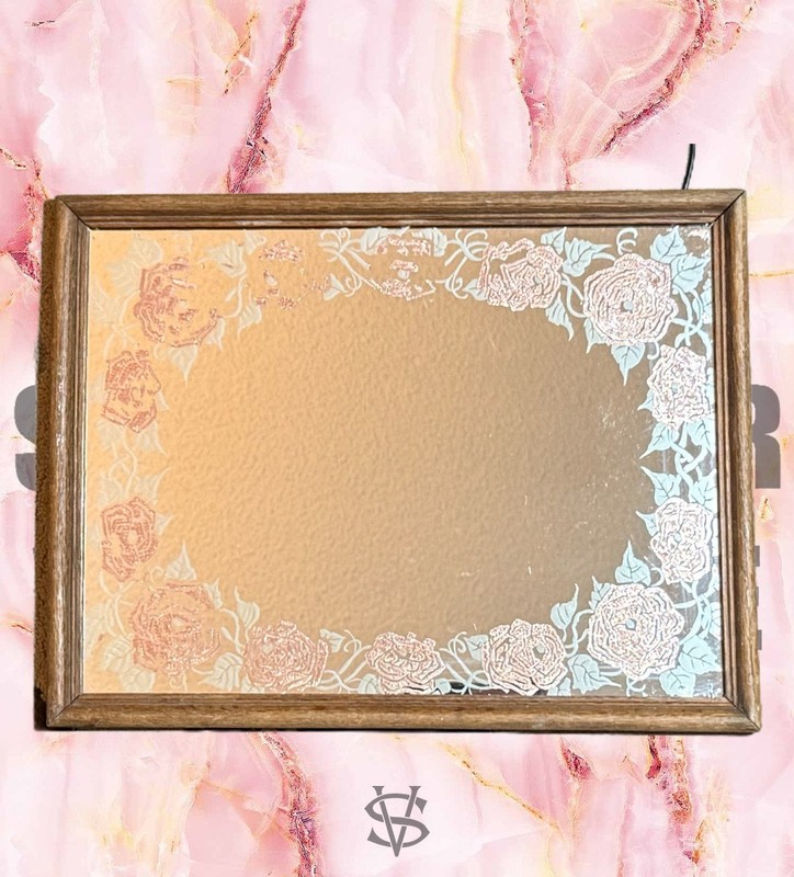 Vintage AMERICAN GLASS ART AGA Wood Framed Copper Plated Floral Wall Mirror Core gallery