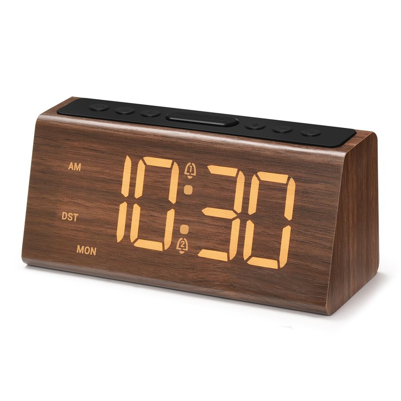 Wooden Digital Alarm Clock for Bedroom,Electric Desk Clock with USB Port,Loud…