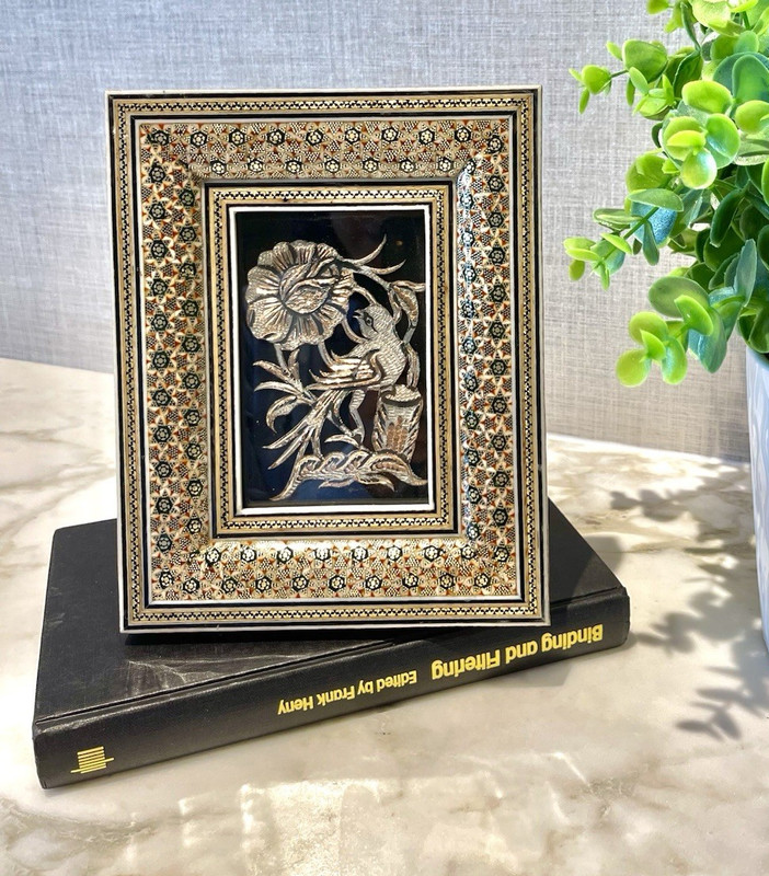 Vintage frame 7×5 Tabletop Floral frame Handmade Khatam Wooden Art copper bird
