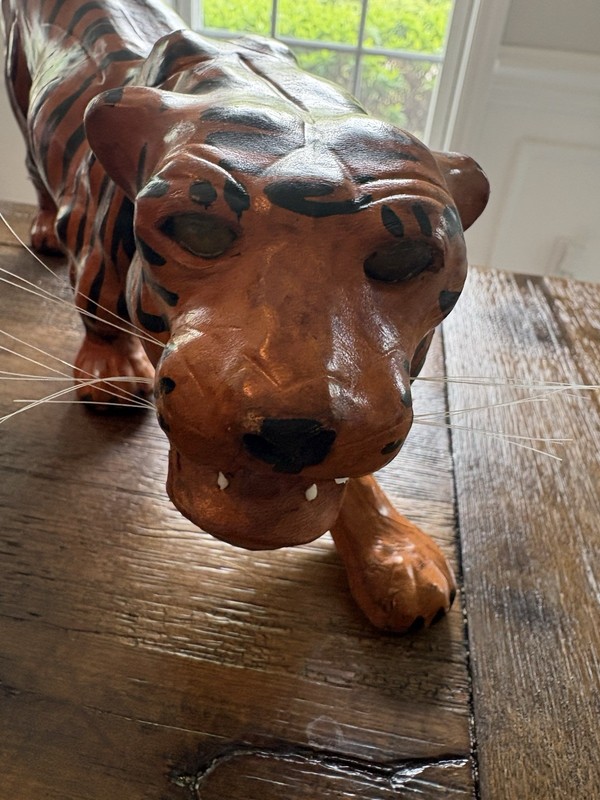 Vintage Tiger Sculptures Pair Papier Mache Leather Wrapped Folk Art gallery