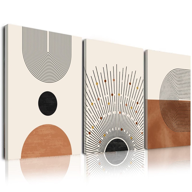 Wall Art Set of 3, Mid-Century Modern, Neutral Geometric Line Sun, Framed Abs…