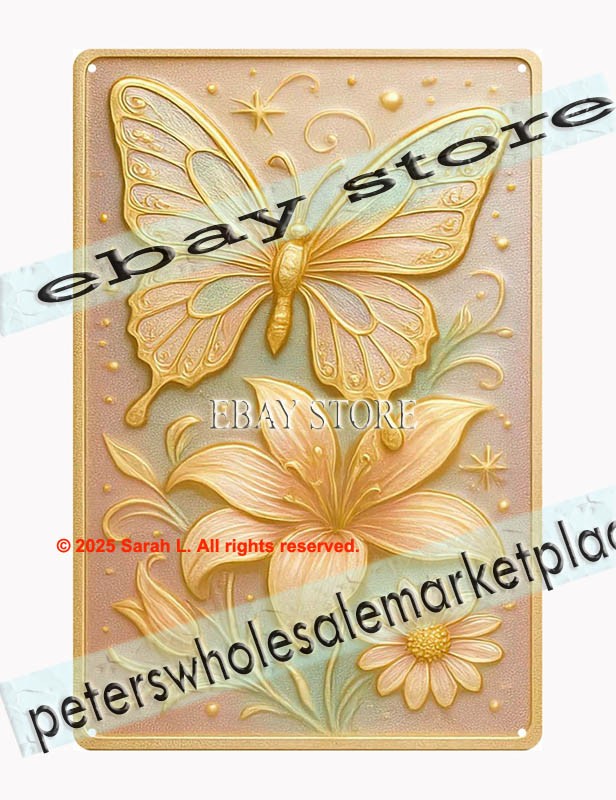 Yellow Butterfly Tin Sign 3D Look Floral Garden Art