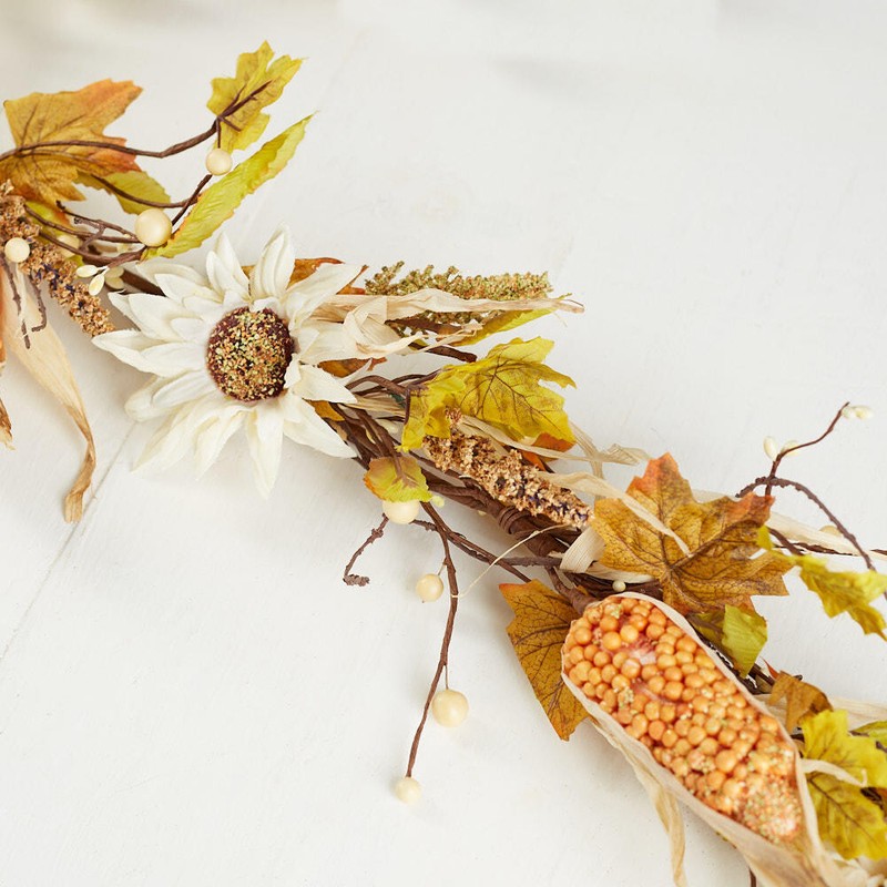 60" Artificial Autumn White Sunflower and Corn Garland gallery