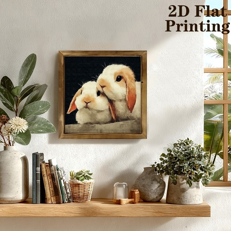 Antique Textured Canvas White Tan Rabbit Couple Rustic Wall Wooden Plaque Gift gallery