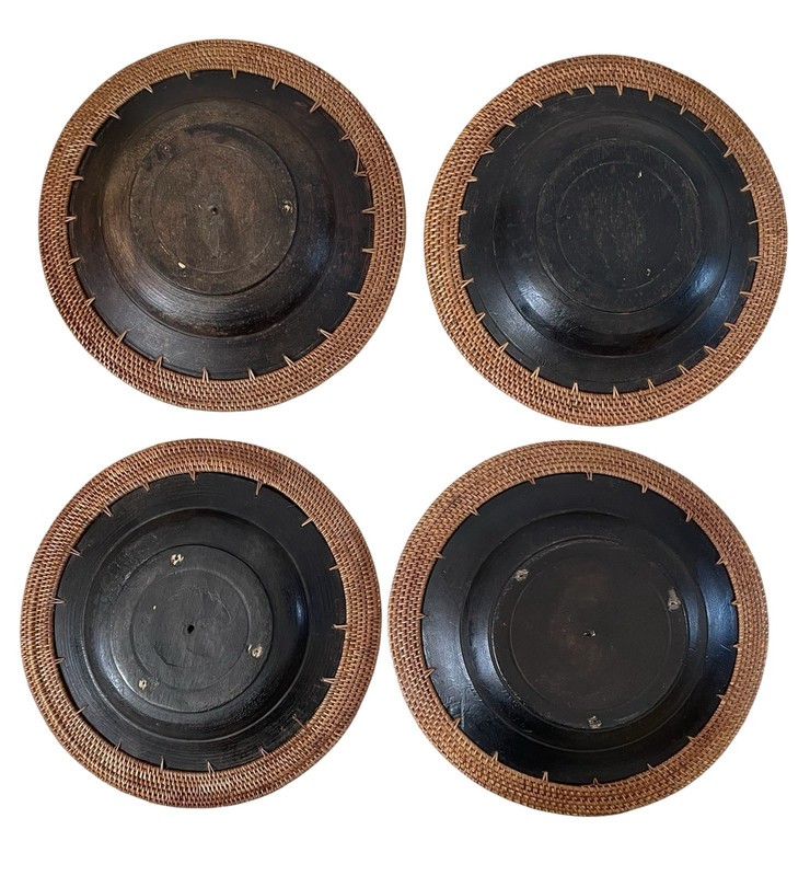 4 VTG 11.5" Hand-Made Shell & Coin Inlay in Wood Woven Rattan Edge. Chargers. gallery
