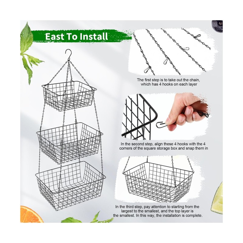 Hicarer 3 Tier Hanging Fruit Basket Square 35.4 Inch Fruit Orga... Fast USA SHIP gallery