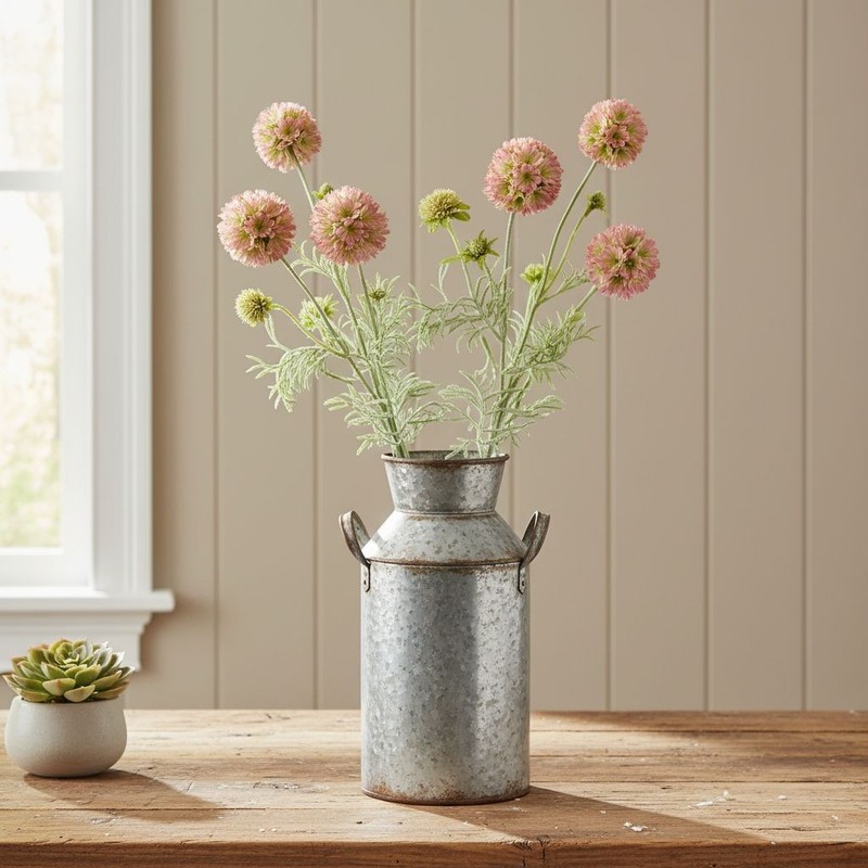 Artificial Scabiosa Flower Stems Pink Green Faux Wildflower Cottage Floral Fille gallery