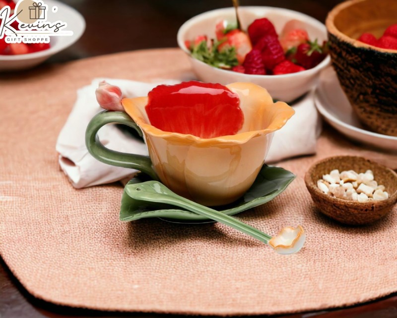 Ceramic Orchid Flower Cup and Saucer and Spoon-1 Set, Gift for Her, Gift for Mom