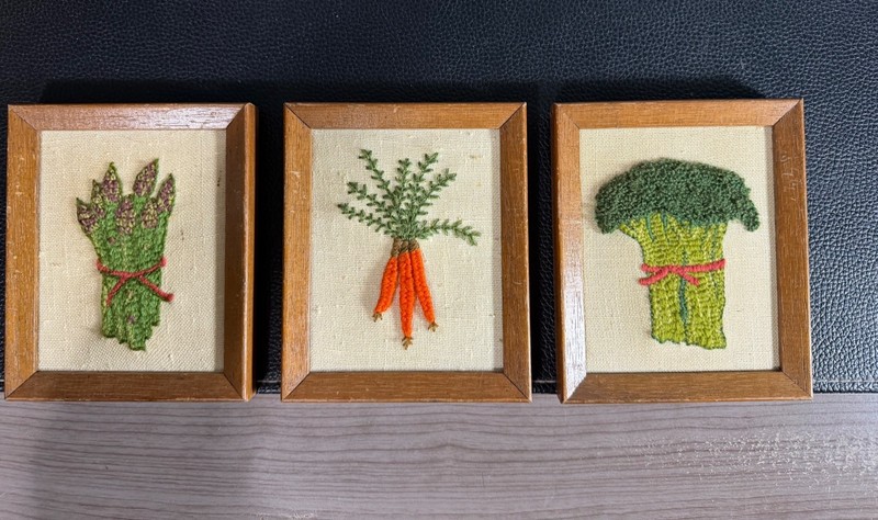Lot of 3 Vegetable Crewel Needlepoints Carrots Broccoli Asparagus
