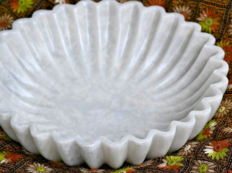 Antique Ziarat White Marble Hand Carved Fluted Round Bowl, Diameter: 12" & H: 3" gallery