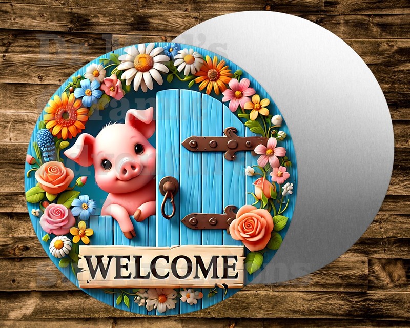Cute Welcome little pig Metal Round Sign Wreaths Crafts & miniatures Projects