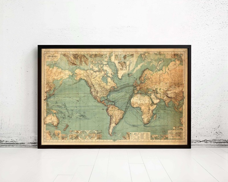 Great Vintage World Map in 1882 | World Map Print | Vintage World Map UNFRAMED