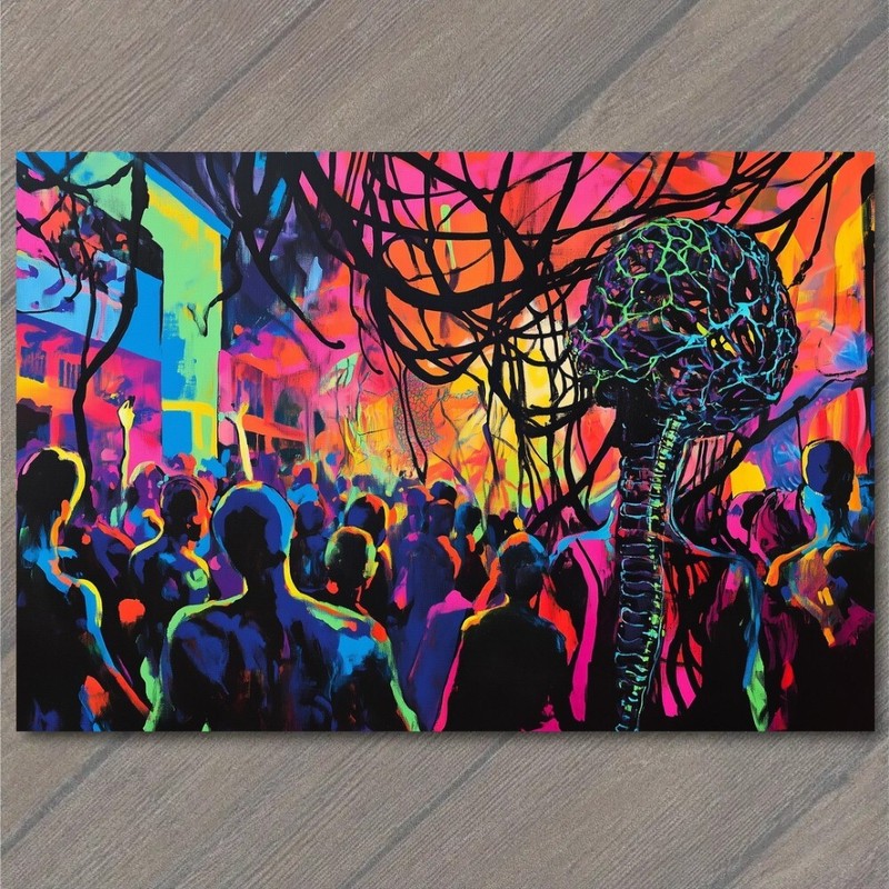 Art Print Skeleton DJ Colorful Concert Crowd Psychedelic Street Art Illustration