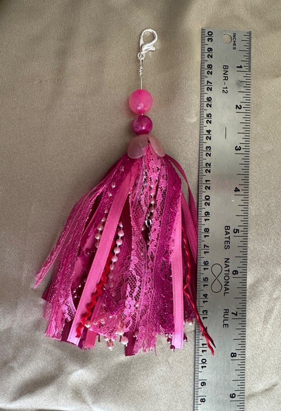 Mixed fiber TASSEL *handmade* PINK, 8 in, lobster clasp BLESSED BE,tree of life gallery