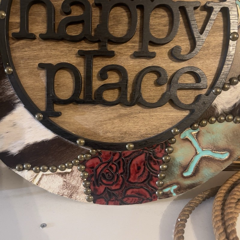 Rustic Wood Round Decorative Leather Wall Hanging Our Happy Place Hair On The Hi gallery
