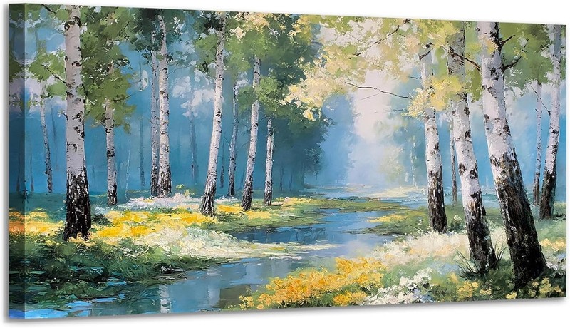 Art Deco Birch Forest Stream Canvas Painting, 40x20 for Living Room Elegance gallery
