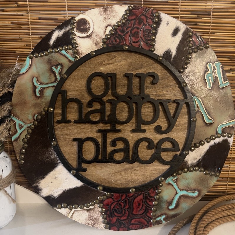 Rustic Wood Round Decorative Leather Wall Hanging Our Happy Place Hair On The Hi gallery