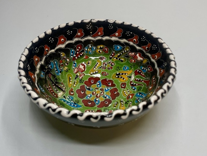 VTG Handmade Hand-Painted Enamel Turkish Meze Ceramic Bowl Trinket Dish W/ Label