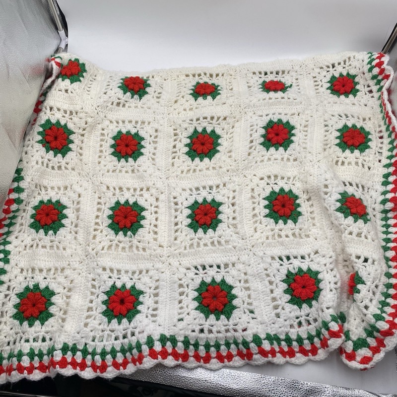 Vintage Crochet Afghan Blanket 3D Rose Granny Square Red White Green 72×44” VGC