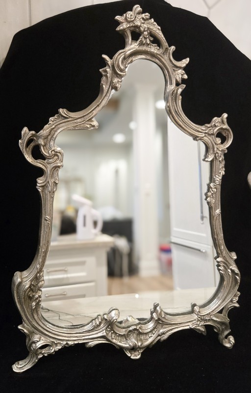 Ornate Silver Framed Arched Vanity/Tabletop Mirror, Freestanding