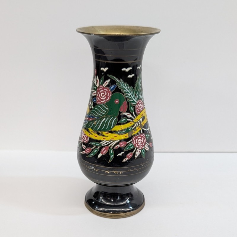 Vintage Brass Vase Hand Painted Enamel Metal Green Parrot Flowers Black 7″ Tall