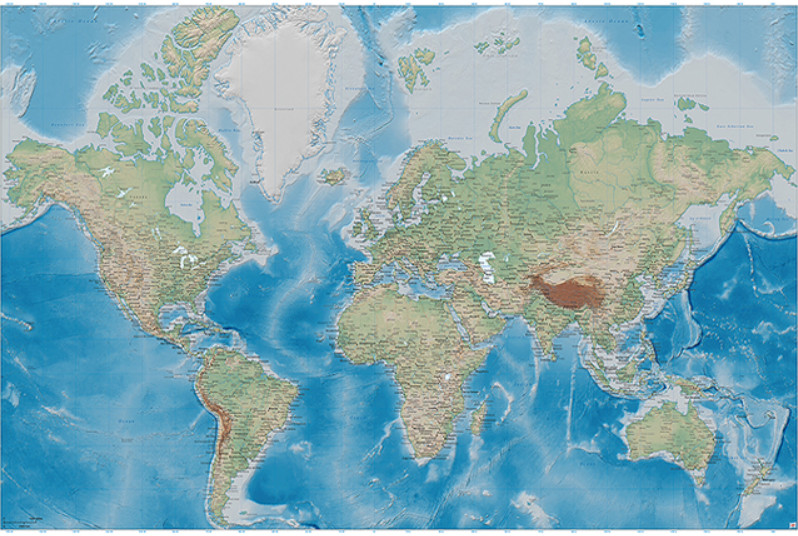 GREAT ART®Poster – World Map – Relief Design Miller Projection Earth 55 x 39