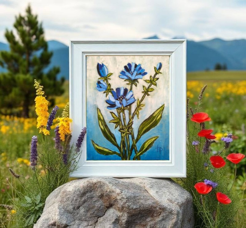 Chicory Botanical Oil Painting Original Floral Expressionist Art Blue Flower Wal gallery