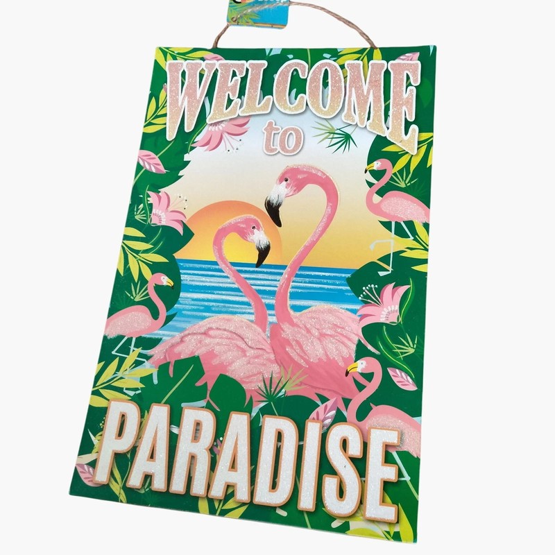 Welcome to Paradise Sign – Flamingo Couple – Tiki Luau Hawaiian Party Decoration