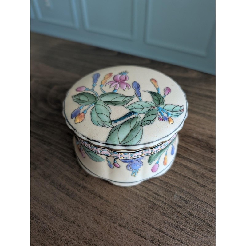 Vintage H.F.P. Macau Trinket Box Cream Floral Jewelry Hand Painted Porcelain Lid gallery