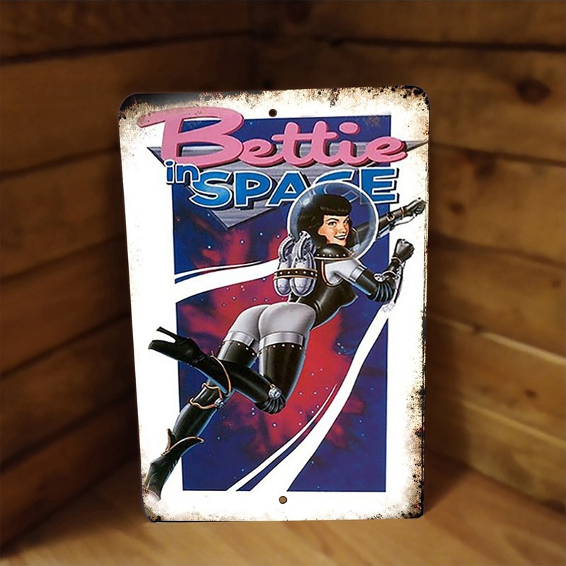 Vintage 60s Style Bettie Page in Space Art Metal Poster Sign