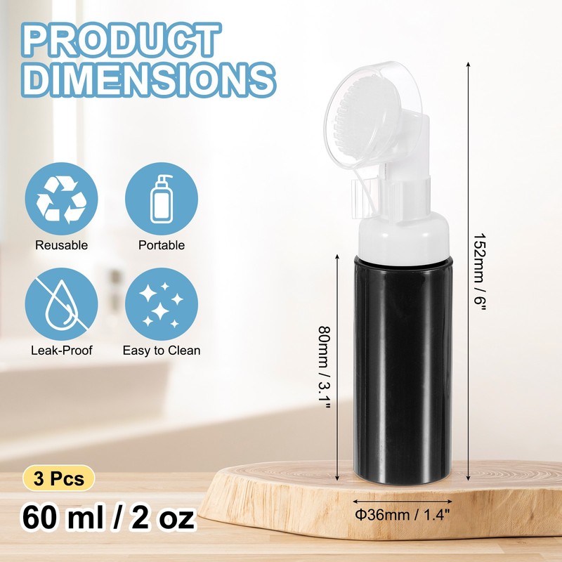 3Pcs 2oz / 60ml Foam Pump Bottle with Brush, Black(Round) gallery