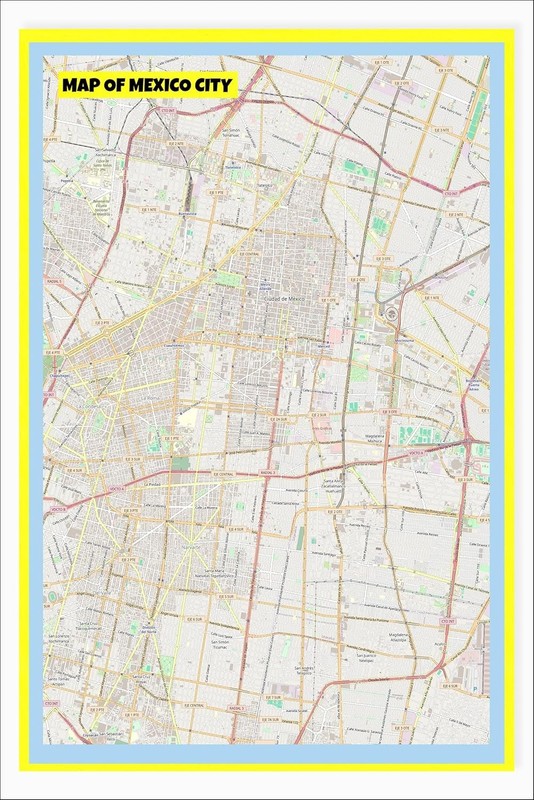18×24″- Map of Mexico City with Neighborhoods, Streets, Roads, Highways and Park