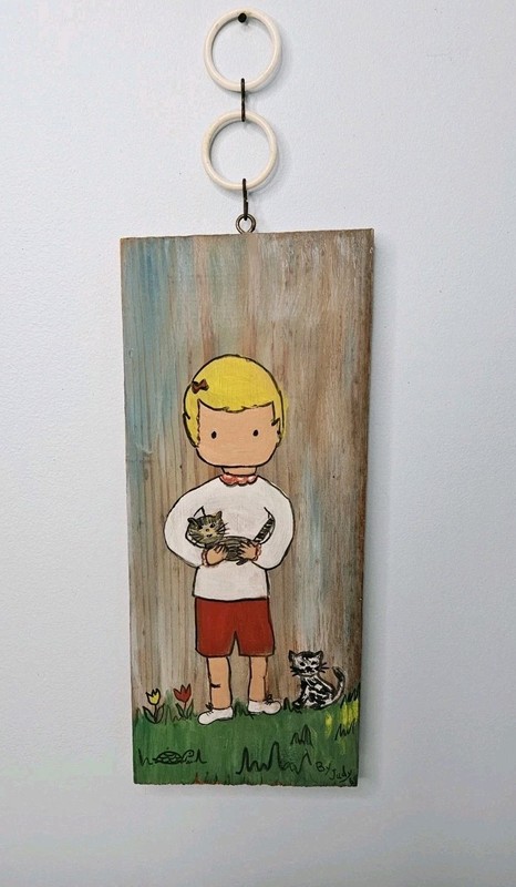 Vintage Girl & Cats Hand Painted Art Board OOAK Folk Art Wall Art 1969 gallery