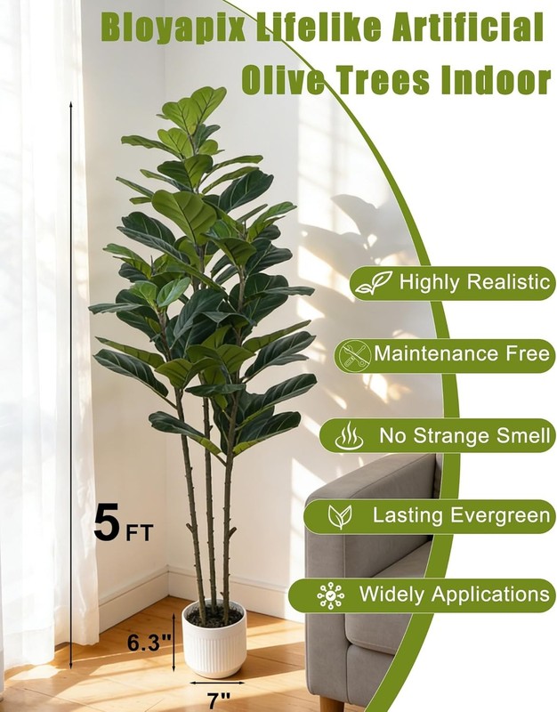 5Ft Artificial Fiddle Leaf Fig Tree Realistic Adjustable Branches White Planter gallery