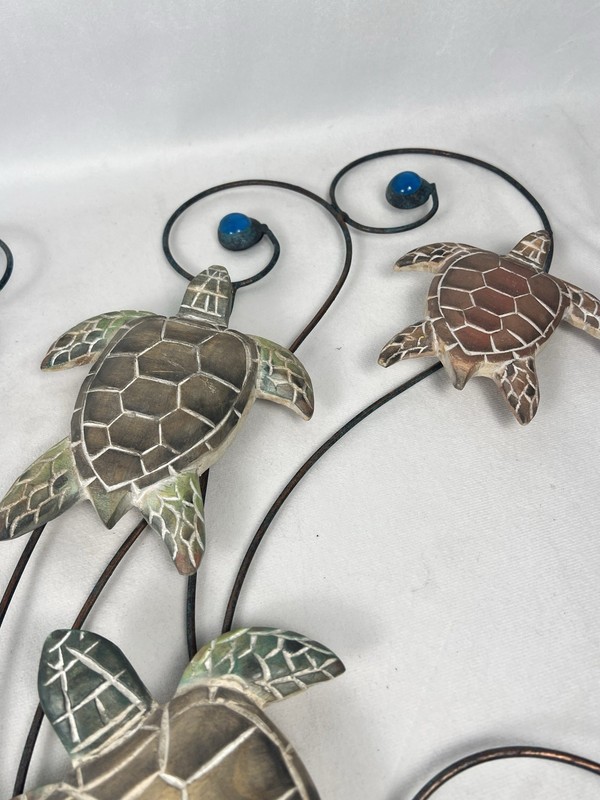 Coastal Nautical Wall Decor Set 2 Metal Waves Wood Turtles Bucket Seashells 22” gallery