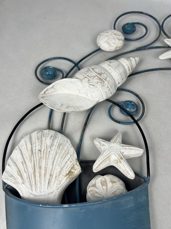 Coastal Nautical Wall Decor Set 2 Metal Waves Wood Turtles Bucket Seashells 22” gallery