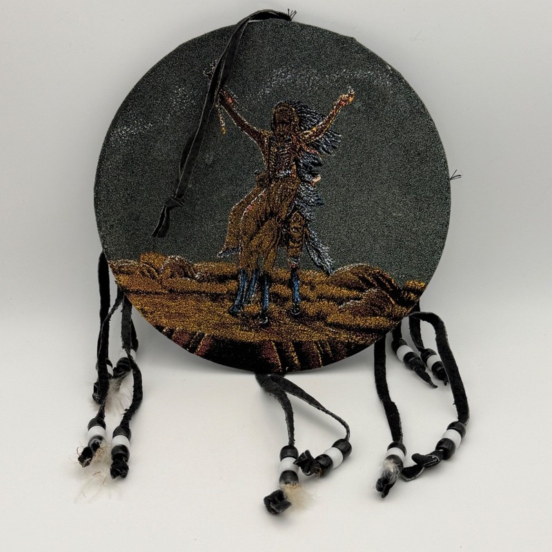 VTG Southwestern Native Style Drum Wall Hanging Horse Warrior Beaded Fringe 6.5″