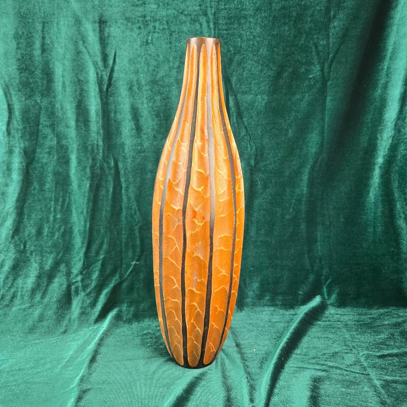 Mango Wood Hand Carved Tall Bottleneck Vase 18″ Striped Home Decor
