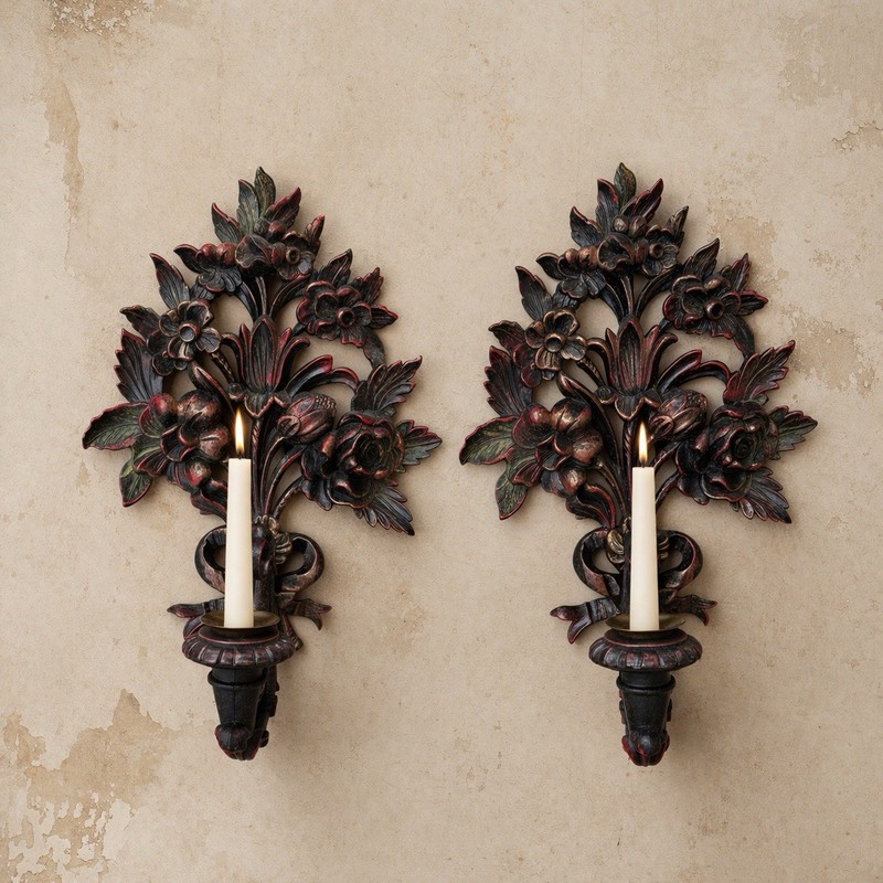 VTG 2 Whimsigoth Italy Wall Sconce Roses Bows Bronze Candle Holders Resin Rococo