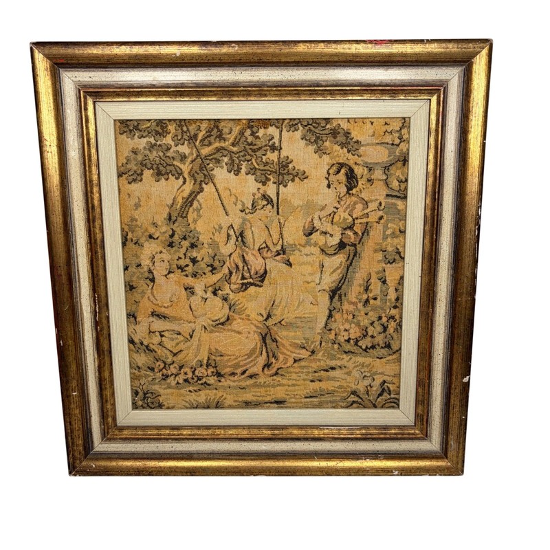Vintage French Rococo Style Framed Tapestry Wall Art Pastoral Garden Scene 12×13