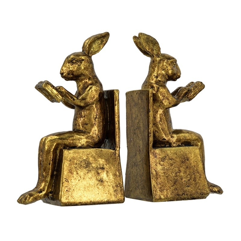 2PCS 6.9″H Sitting Rabbit Bookends, Antique Gold Resin Mantle Bookshelf Figurine