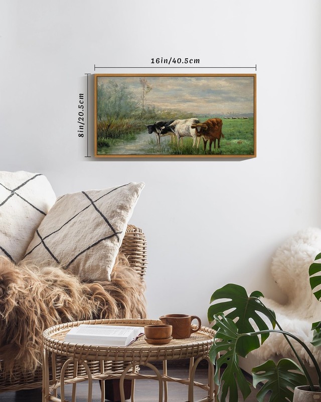 Vintage Framed Wall Art Cow Farm Landscape Painting Retro Meadow Scenery Farm... gallery
