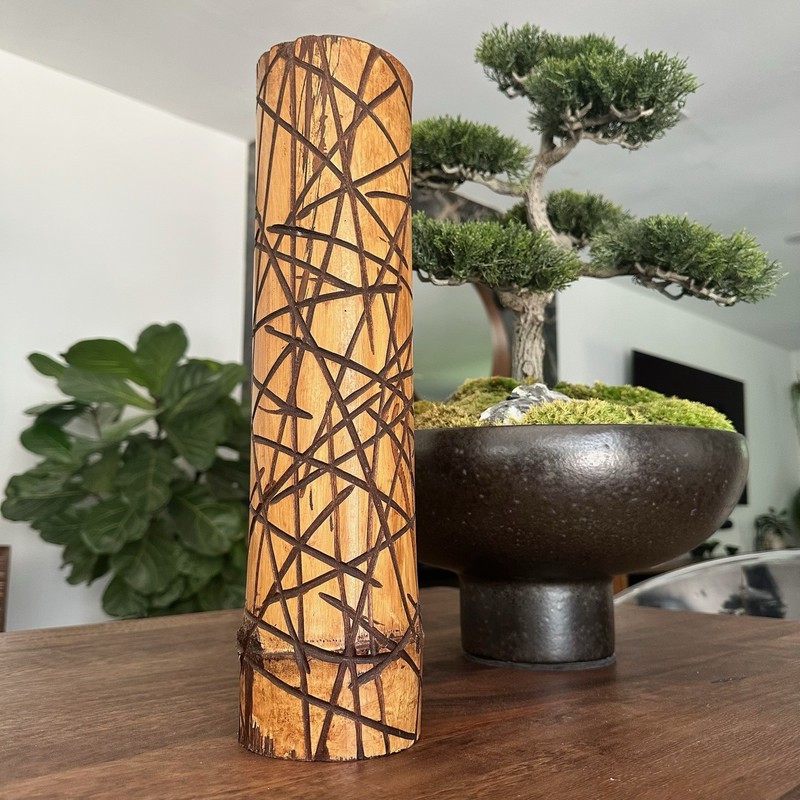 Vintage 15″ Tall Carved Natural Japanese Bamboo Vase Modern Rustic Art Décor